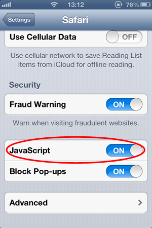 Enable JavaScript in Safari for iOS (iphone, ipod, ipad)